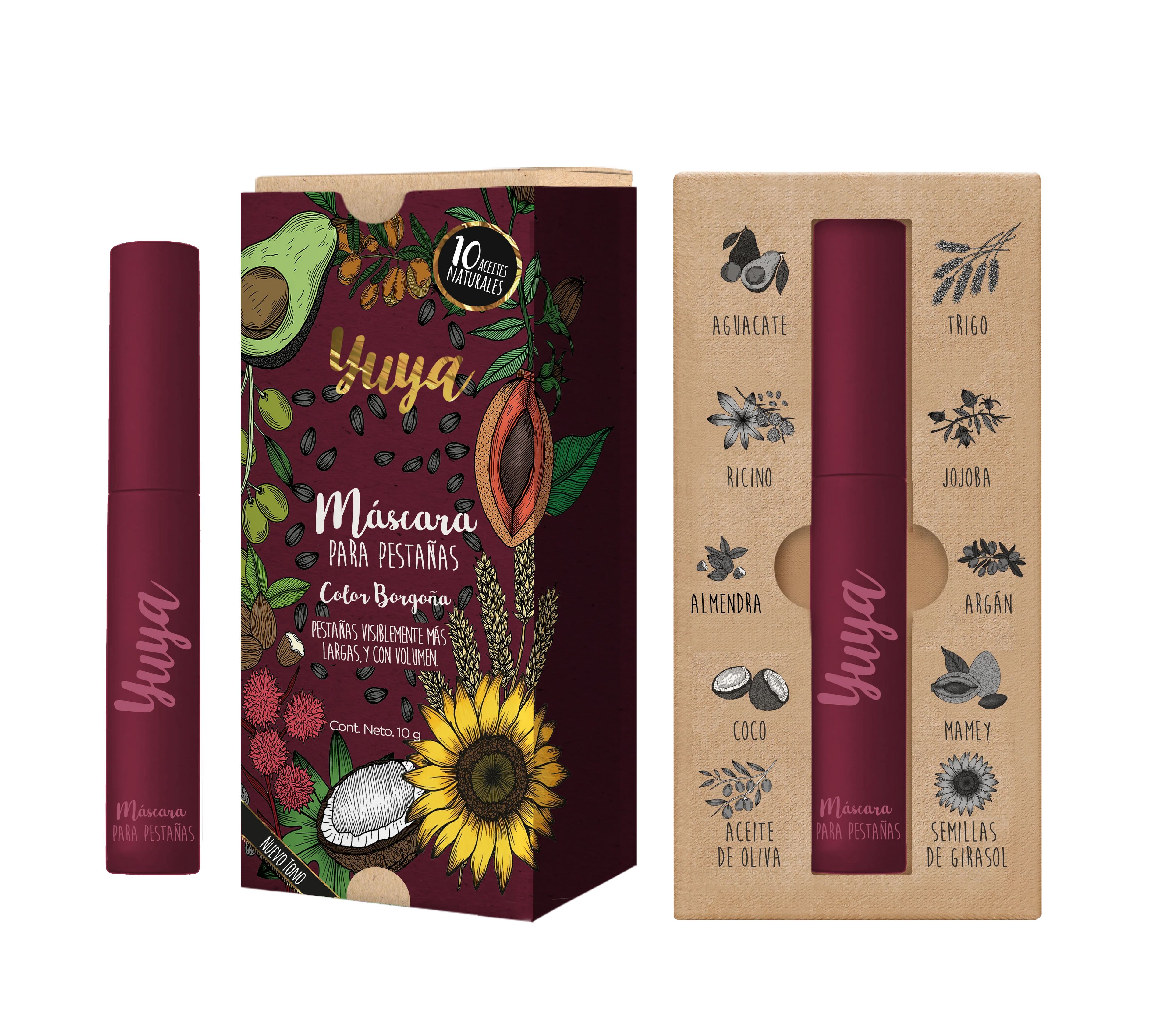 Máscara para pestañas 10 aceites naturales (Color borgoña)